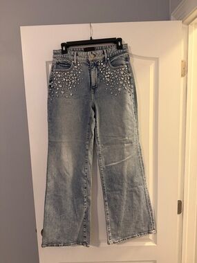 White House Black Market Light Blue Wide-Leg Jeans with Crystal Embellishment